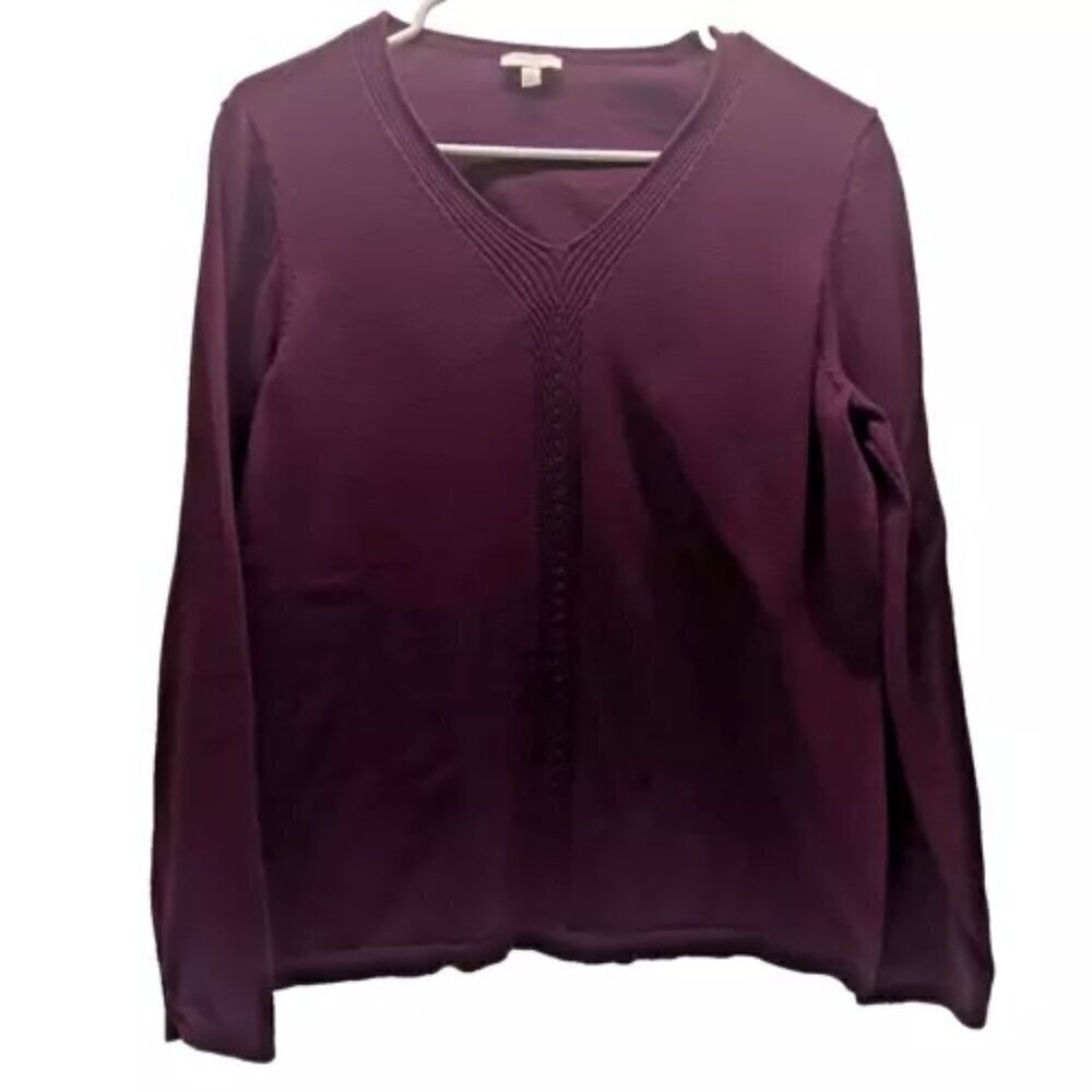 Talbots Ladies Plum‎ V Neck Sweater with Chevron Detail Lightweight Cotton Large